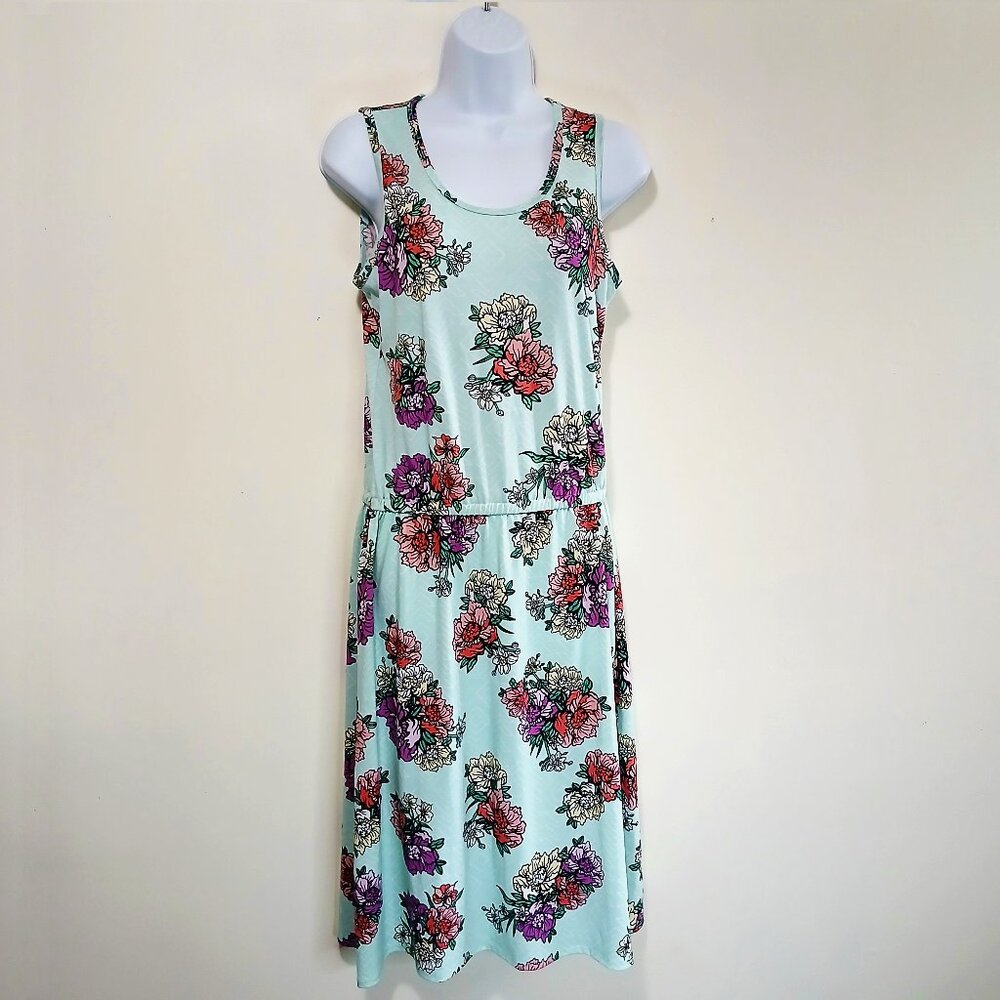 LulaRoe Summer Womens Aqua Floral Sleeveless Tank Dress Floral Print Size M